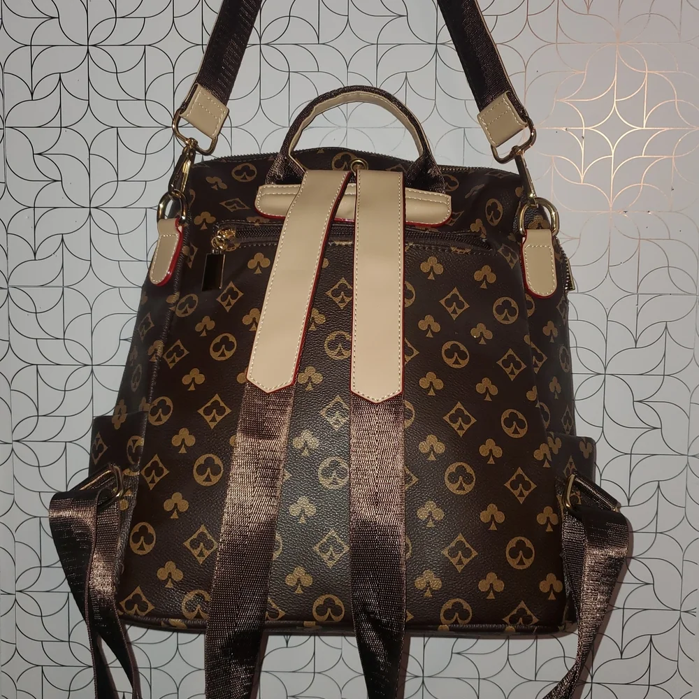 Brown Monogram-Pattern Womens Backpack with Beige Trim